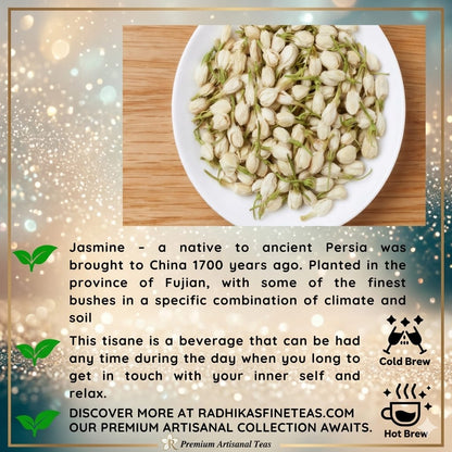 Jasmine flowers on a white plate with text about jasmine and Radhika's Finest Teas.