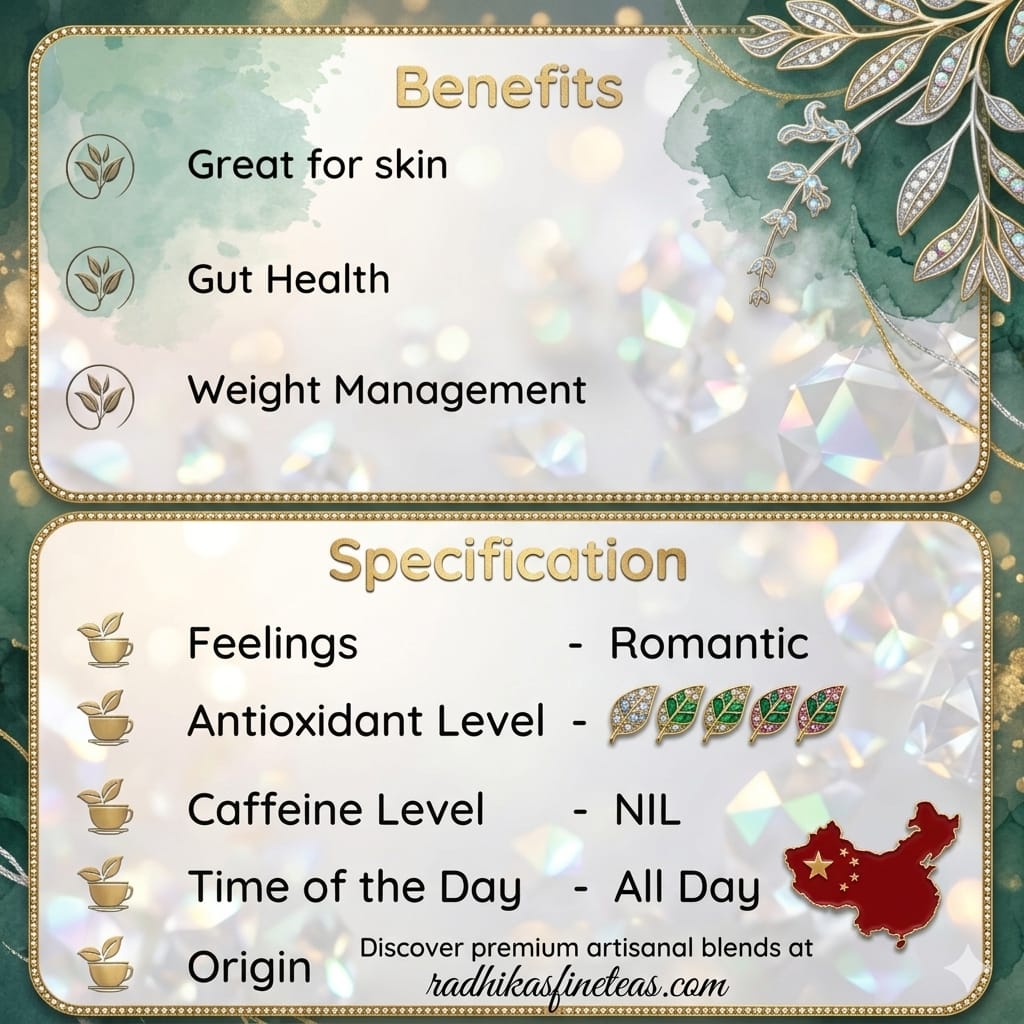 Product label with benefits and specifications on a decorative background