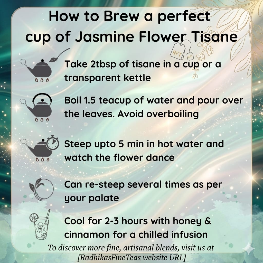 Instructions for brewing jasmine flower tisane with teapots and flowers on a decorative background.