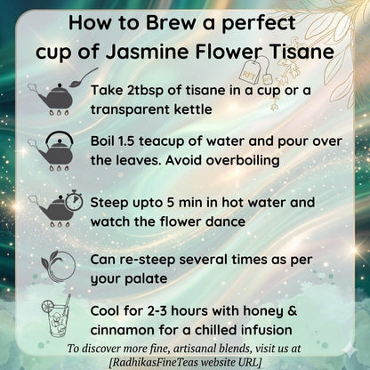 Instructions for brewing jasmine flower tisane with teapots and flowers on a decorative background.