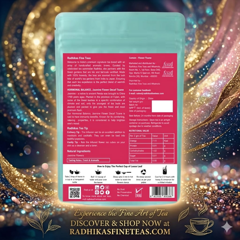 Tea package with a decorative background featuring swirling gold and blue designs.