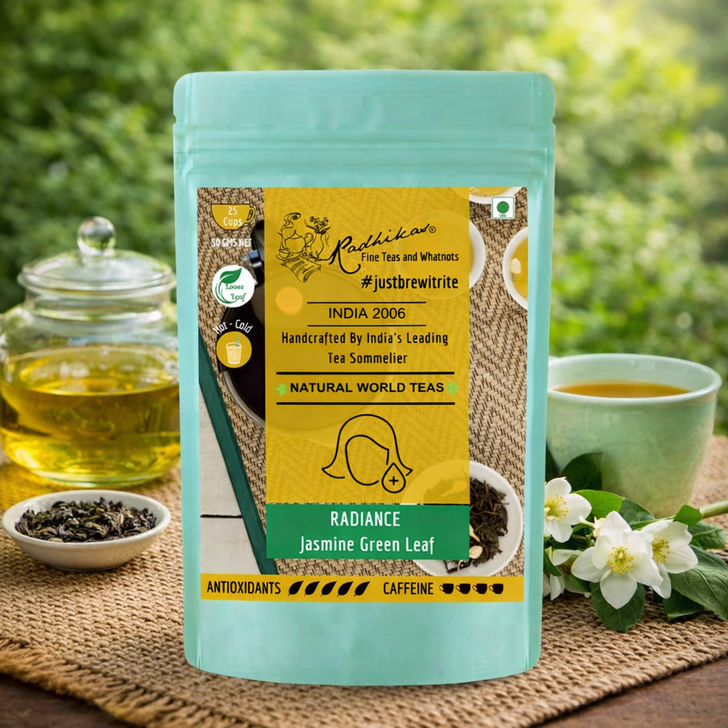 Tea package with branding and product details on a table with tea accessories