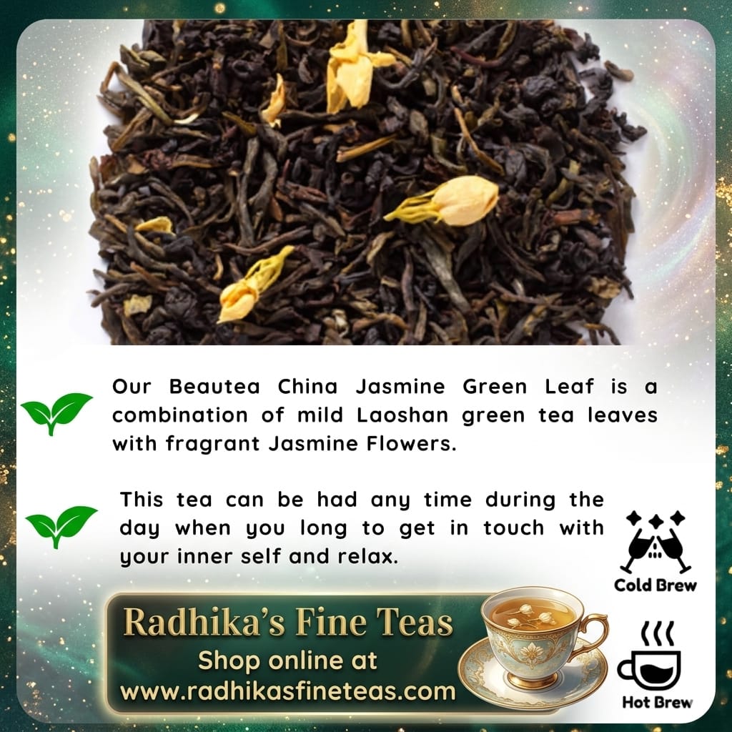 Tea packaging with tea leaves and jasmine flowers, featuring Radhika's Fine Teas branding.