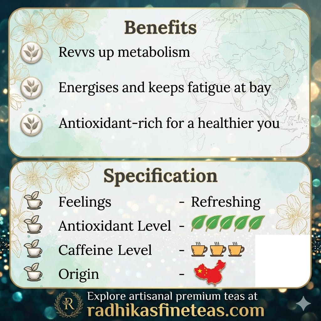 Tea benefits and specifications with decorative elements on a gradient background