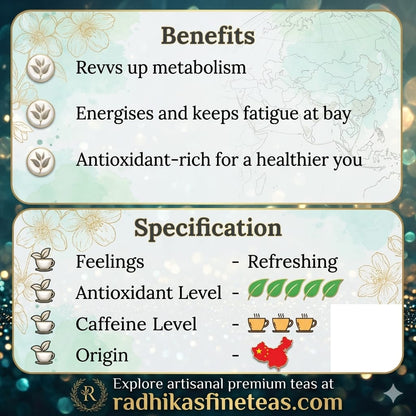 Tea benefits and specifications with decorative elements on a gradient background