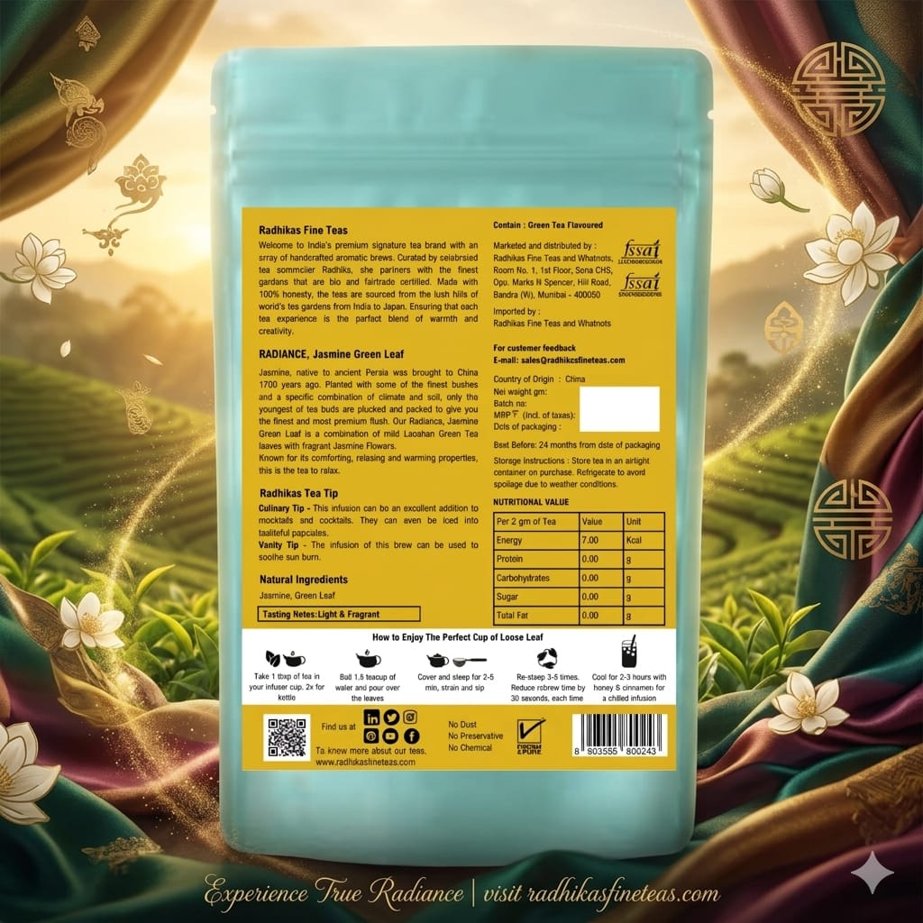 Tea package with a scenic background featuring nature and cultural elements.