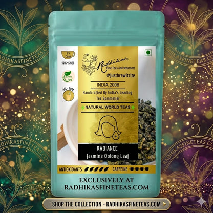 Tea package with gold label on a decorative background