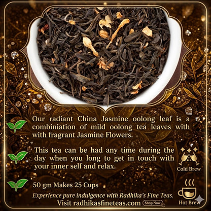 Tea leaves in a bowl with text about China Jasmine oolong tea and Radhika's Fine Teas branding.