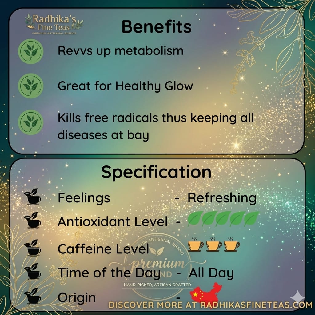 Tea benefits and specifications card with Radhika's Fine Teas branding.