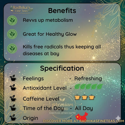 Tea benefits and specifications card with Radhika's Fine Teas branding.