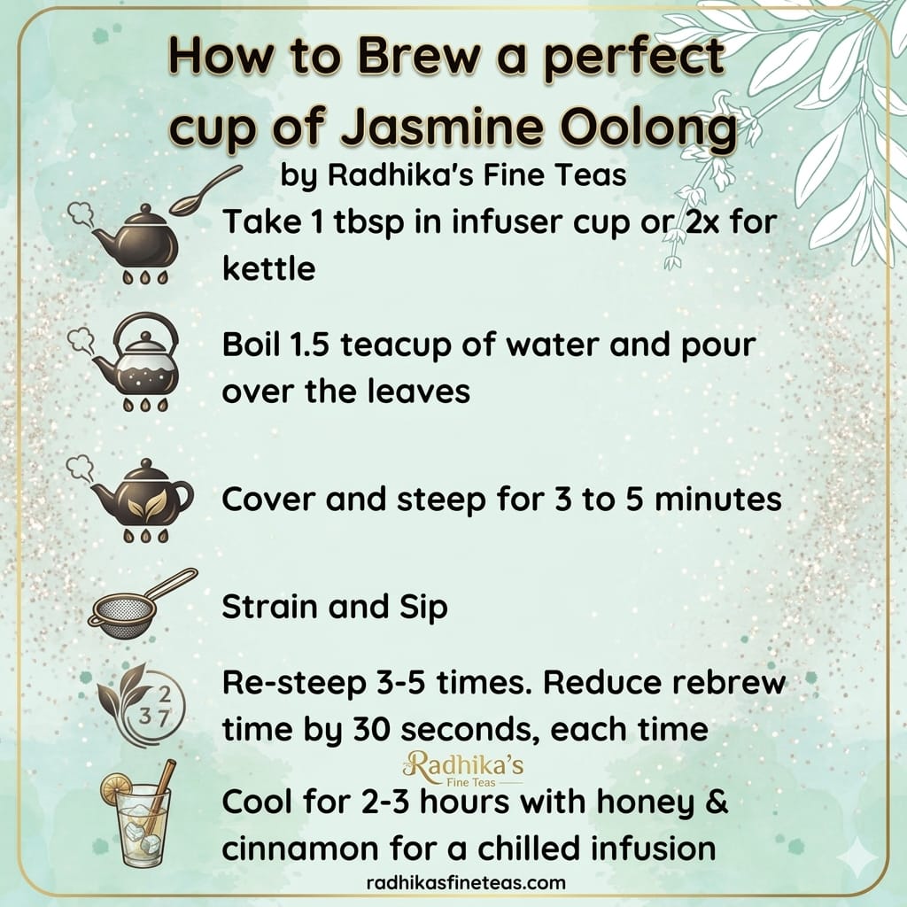 Tea brewing instructions for Jasmine Oolong tea by Radhika's Fine Teas on a decorative background.