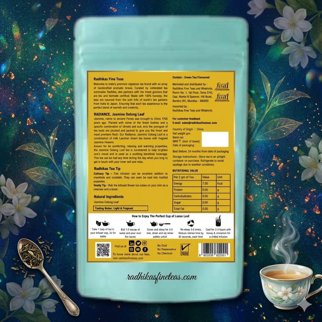 Tea package with a colorful floral and tea cup background