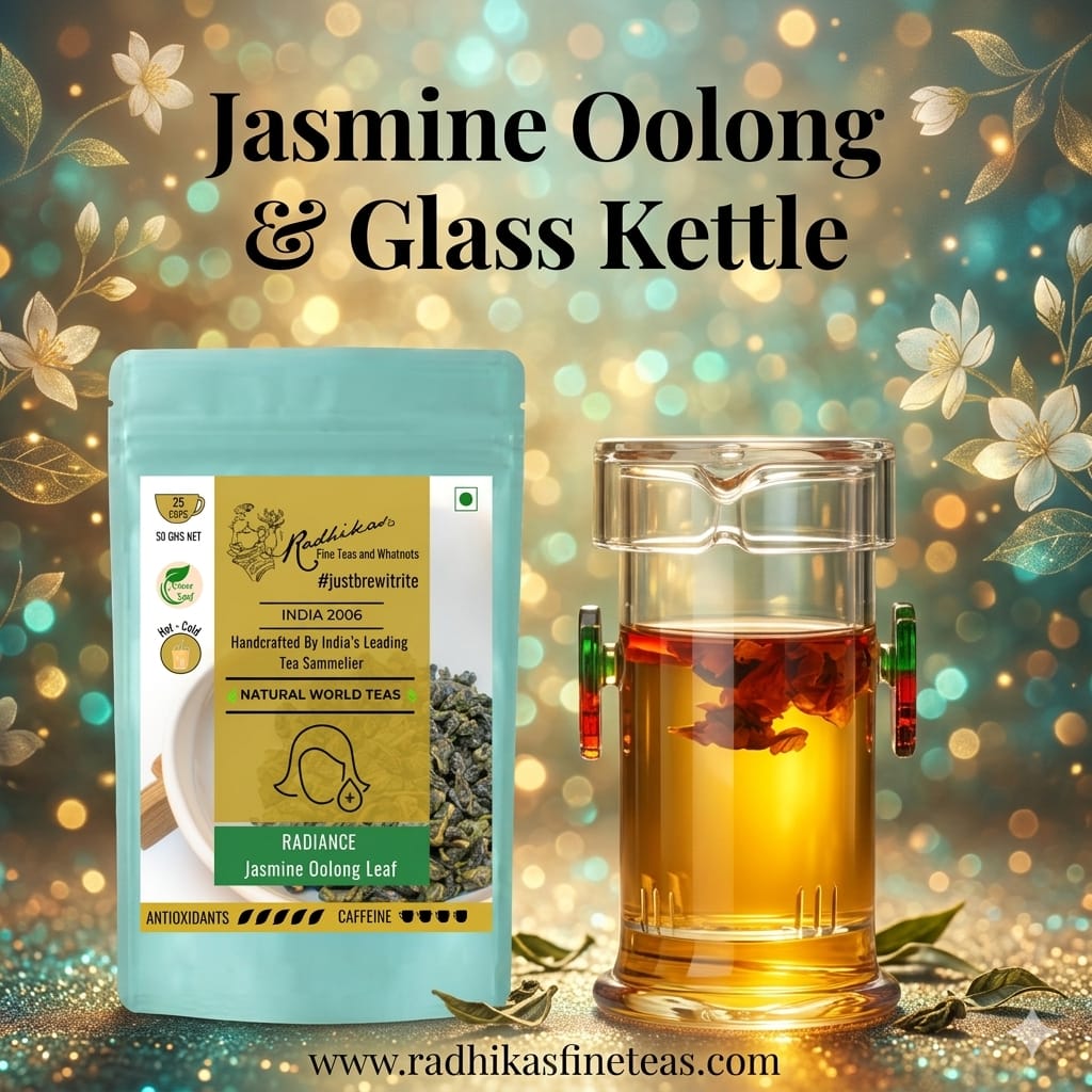 Tea package and glass kettle with tea on a decorative background