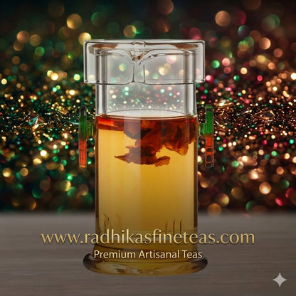 Tea glass with tea leaves and a blurred festive background, featuring Radhika's Fine Teas branding.