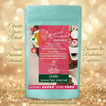 Tea package with Radhika's branding on a decorative background