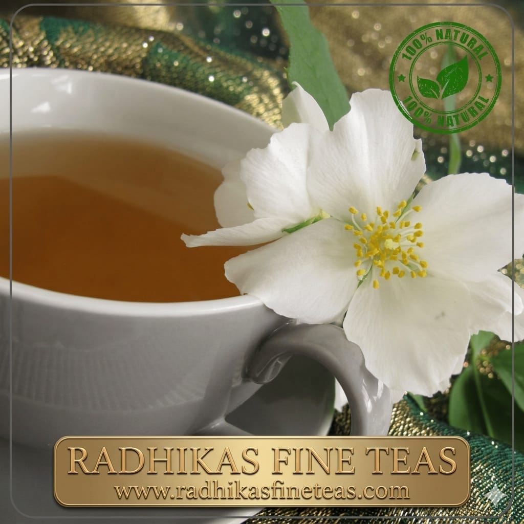 Tea cup with a white flower and 'Radhika's Fine Teas' branding.