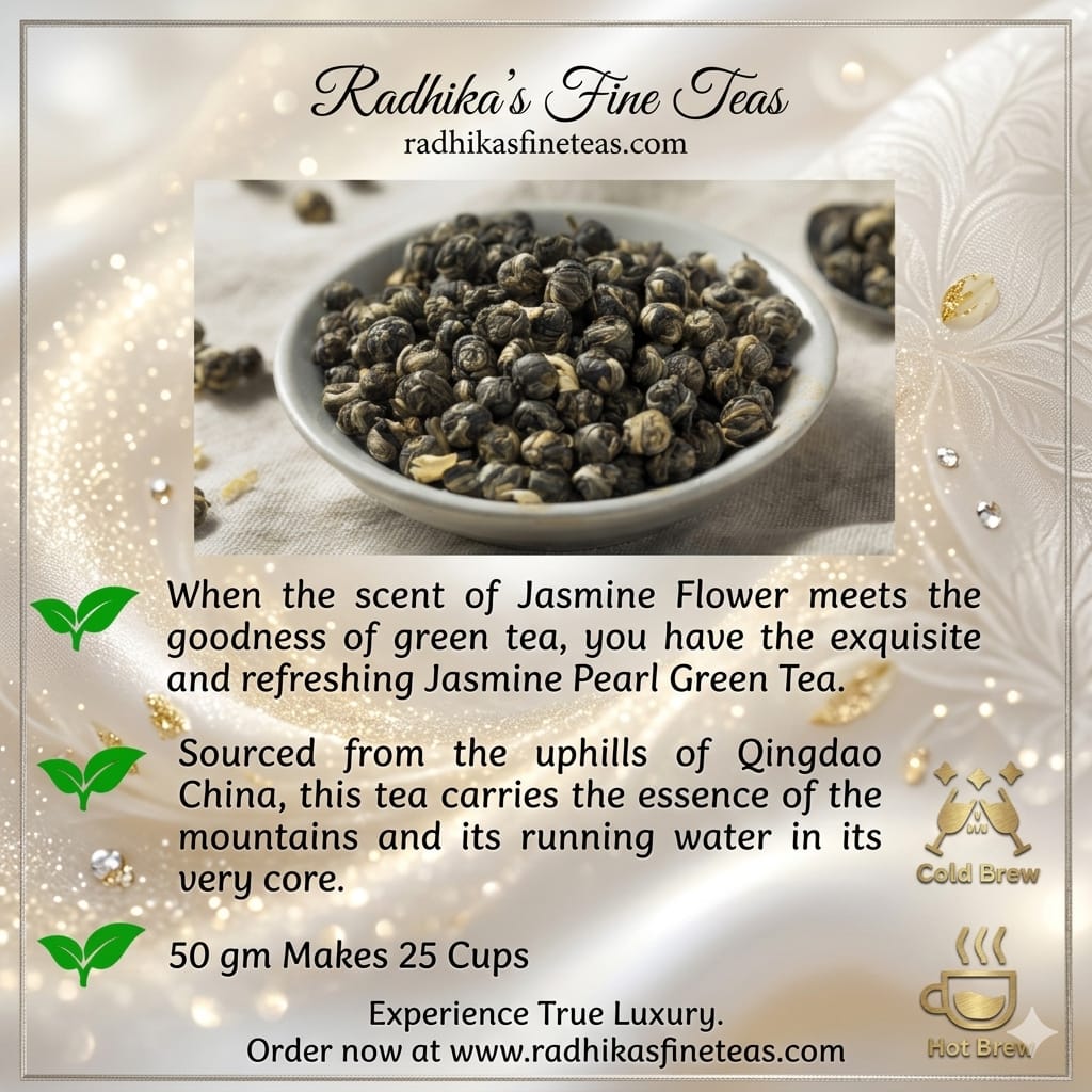 Promotional image of Jasmine Pearl Green Tea with text and branding details.