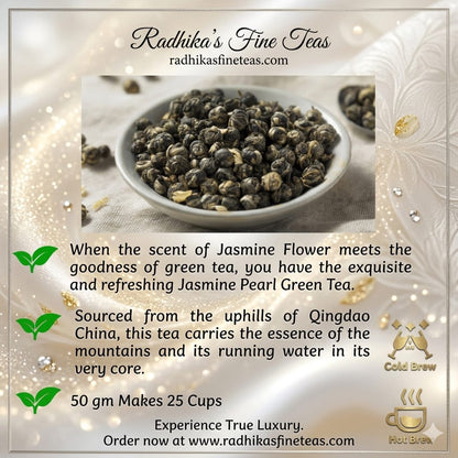 Promotional image of Jasmine Pearl Green Tea with text and branding details.