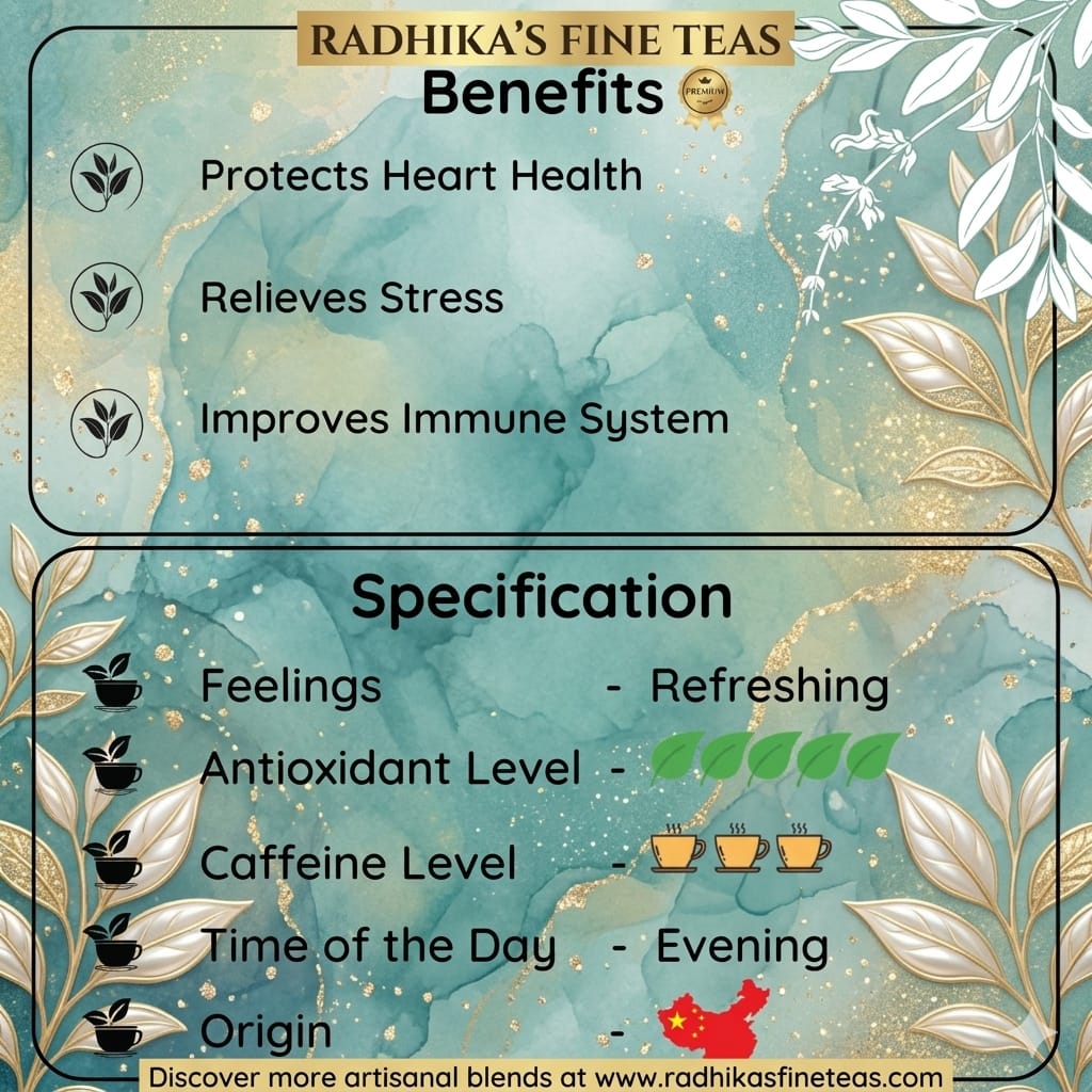 Promotional graphic for Radhika's Fine Teas with benefits, specification details, and brand information.