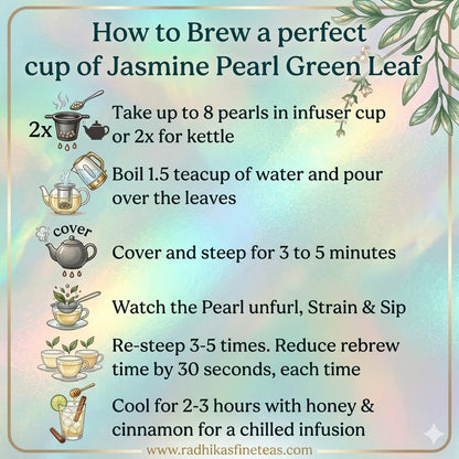 Instructions for brewing Jasmine Pearl Green Leaf tea with illustrations and text on a colorful background.