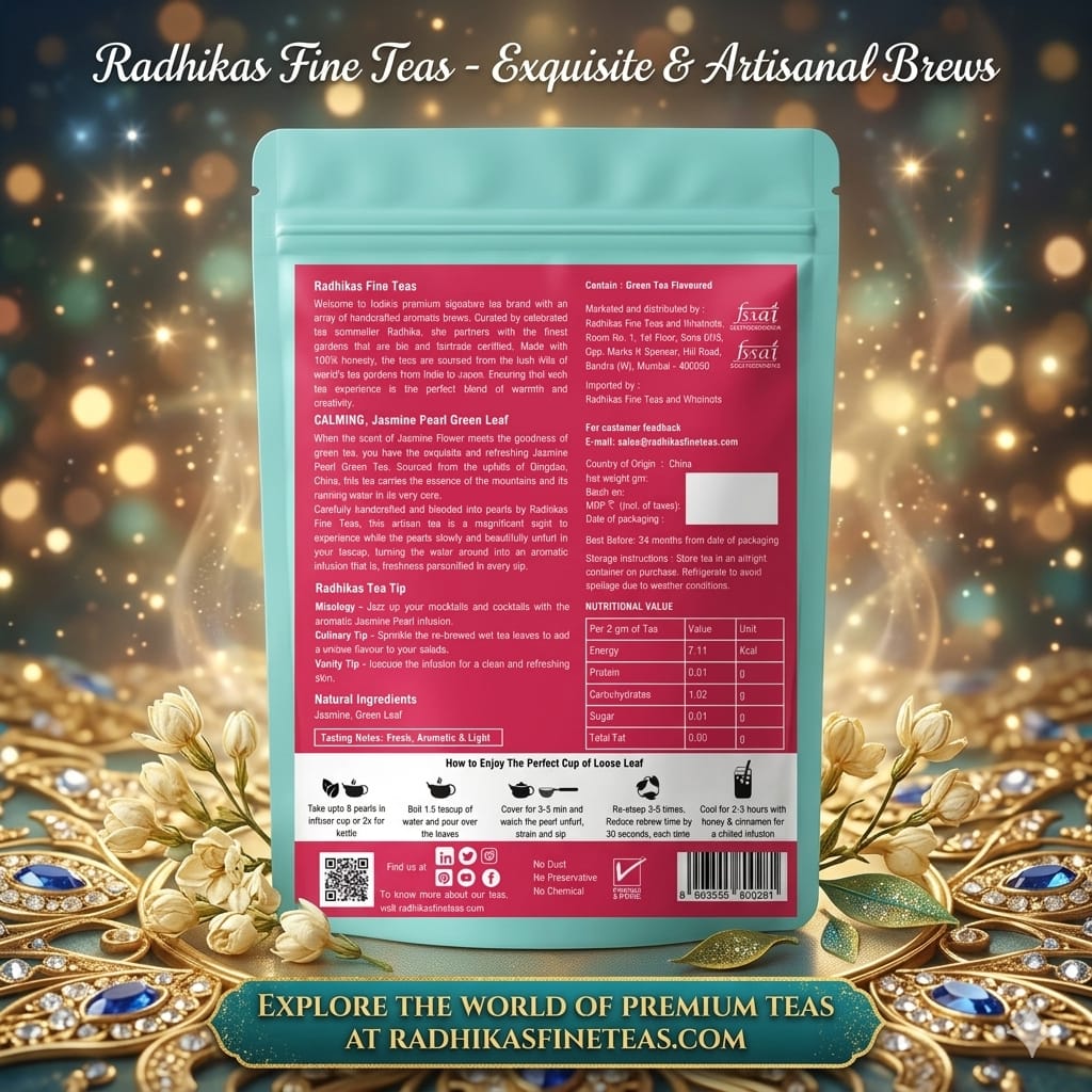 Tea package with red label on a decorative background with gold elements and glowing lights.