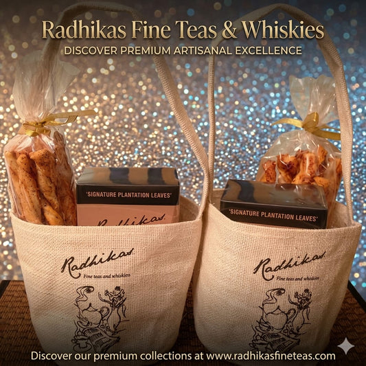 Two bags of Radhikas Fine Teas & Whiskies with tea leaves and a blurred glittery background.