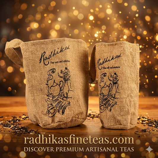 Two burlap tea bags with Radhika's Finest Teas branding on a wooden surface with a warm, blurred background.