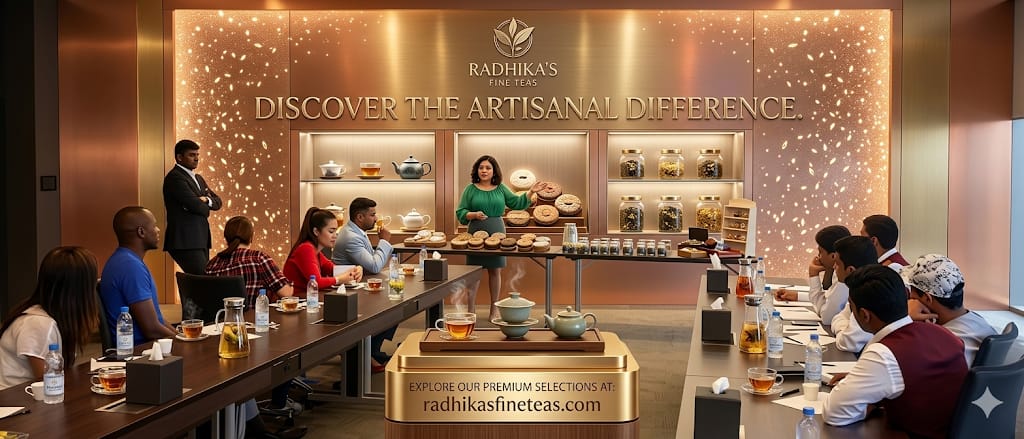 Tea shop with customers and staff, featuring Radhika's Tea brand.