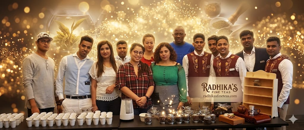 Group of people standing behind a counter with Radhika's Coffee & Tea branding, against a sparkling background.
