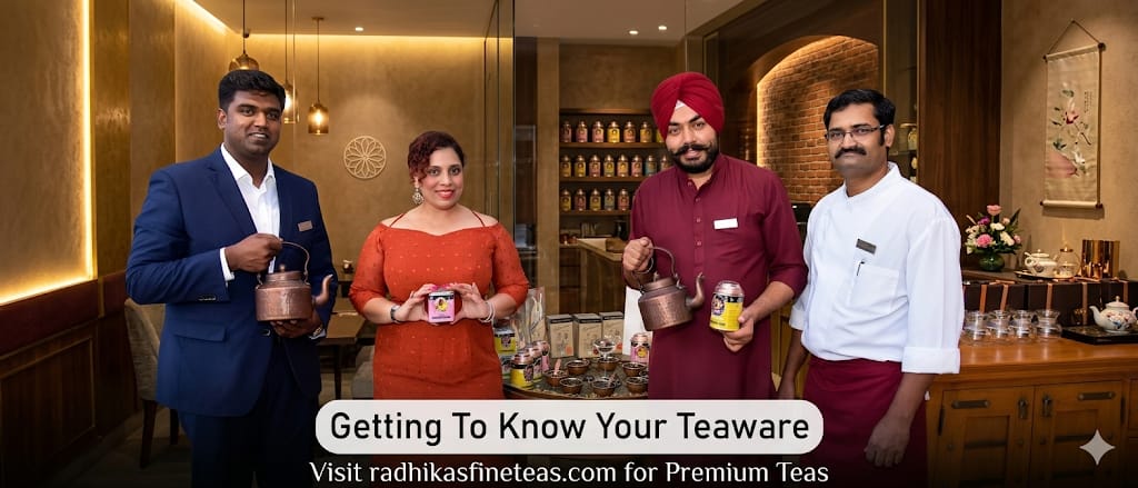 Four people in a tea shop setting with a focus on teaware, promoting Radhika's Finest Teas.