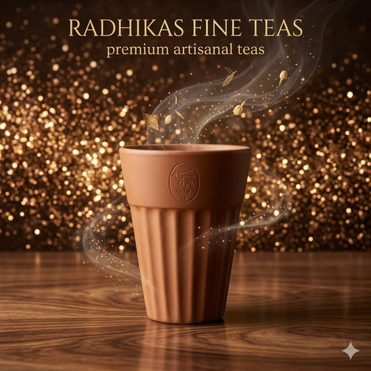 Brown ceramic cup with tea leaves and steam on a wooden surface, branded as Radhika's Fine Teas.