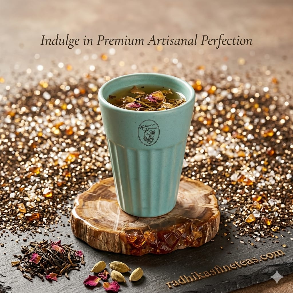 Tea cup with tea leaves on a wooden coaster with glittery background