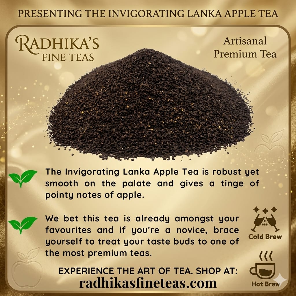 Promotional image of Radhika's Fine Teas Lanka Apple Tea with tea leaves and branding details.