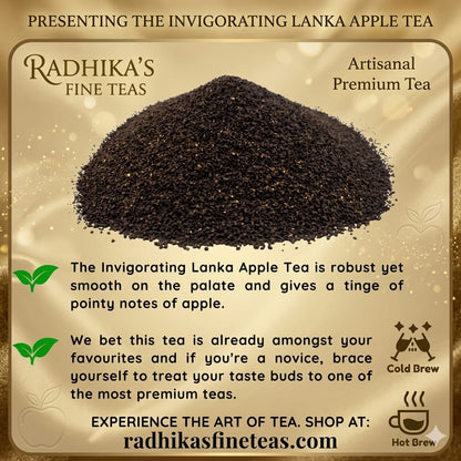 Promotional image of Radhika's Fine Teas Lanka Apple Tea with tea leaves and branding details.