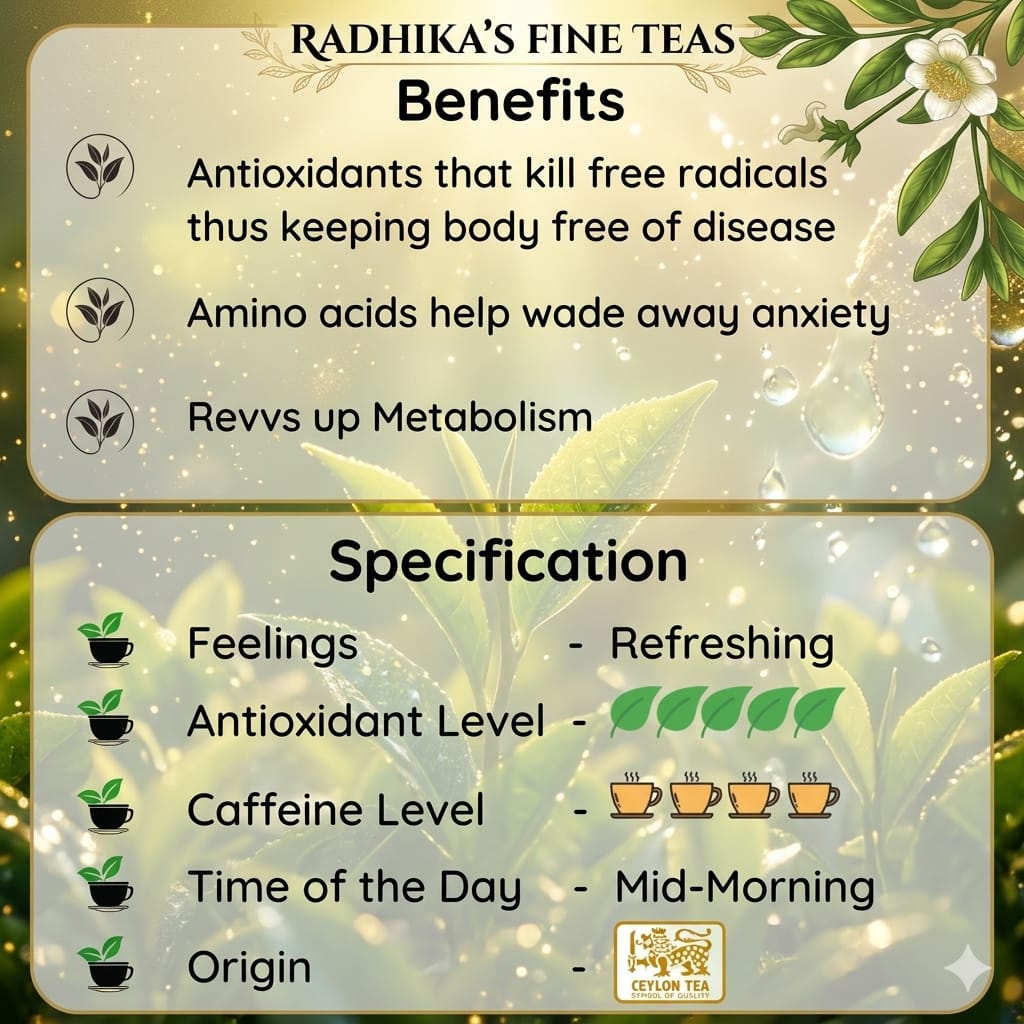 Radhika's Fine Teas product card with benefits and specifications on a green leafy background.