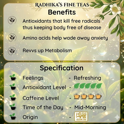 Radhika's Fine Teas product card with benefits and specifications on a green leafy background.