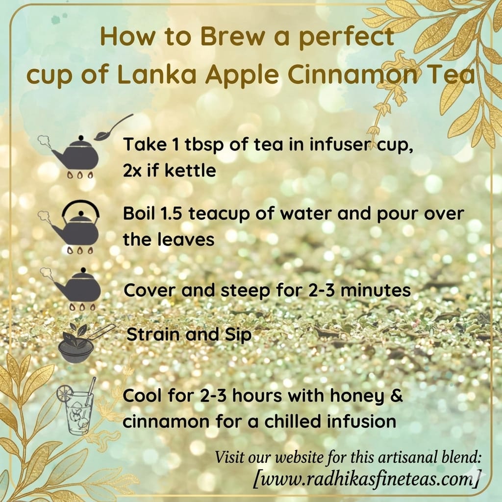 Instructions for brewing Lanka Apple Cinnamon Tea with decorative elements on a sparkling background.