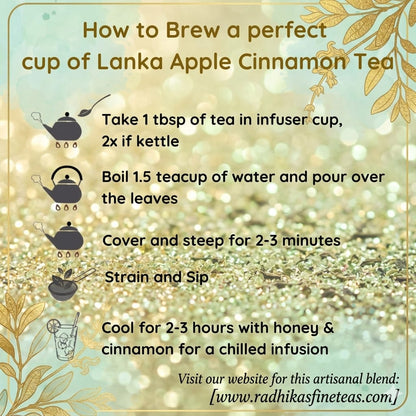 Instructions for brewing Lanka Apple Cinnamon Tea with decorative elements on a sparkling background.