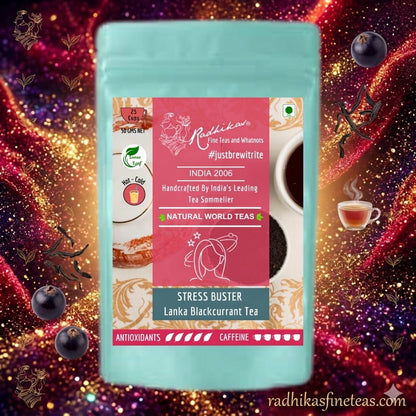 Tea package with colorful background and tea-related graphics