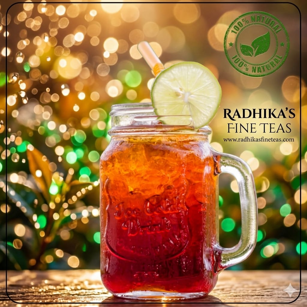 Mason jar with iced tea and lime wheel against a festive background with 'Radhika's Fine Teas' branding.