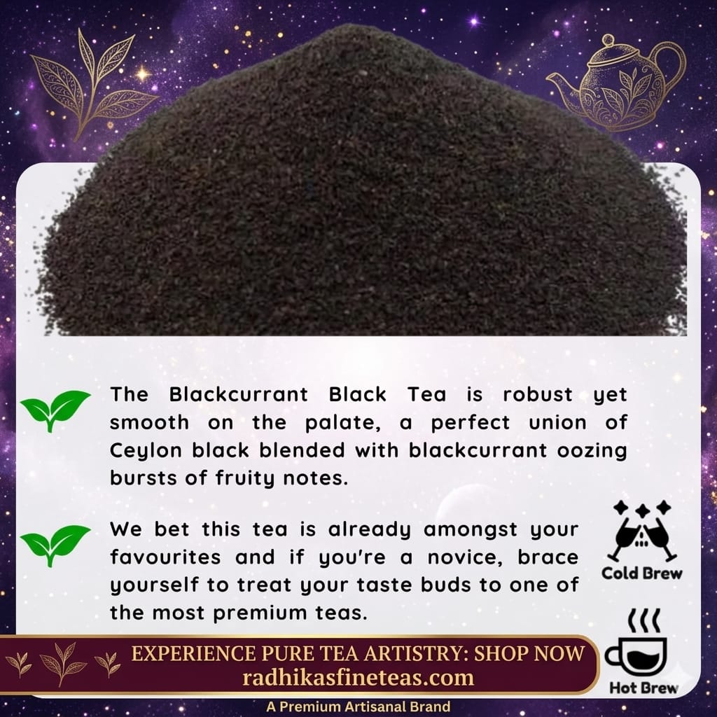 Black tea powder with text and branding on a decorative background