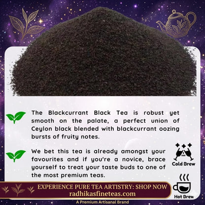 Black tea powder with text and branding on a decorative background