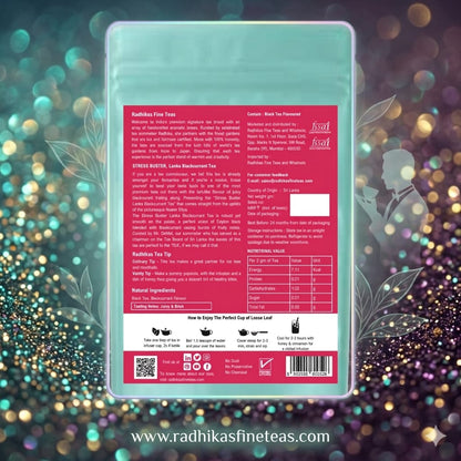 Tea package with a colorful bokeh background and website address displayed.