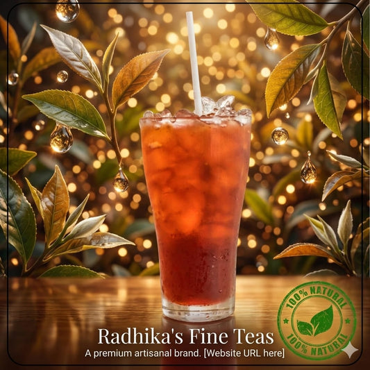 Glass of iced tea with leaves and a straw on a wooden surface, featuring Radhika's Fine Teas branding.