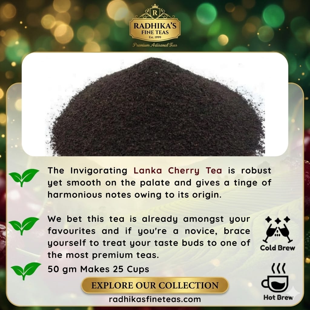 Tea powder with Radhika's Fine Teas branding and product description on a festive background.