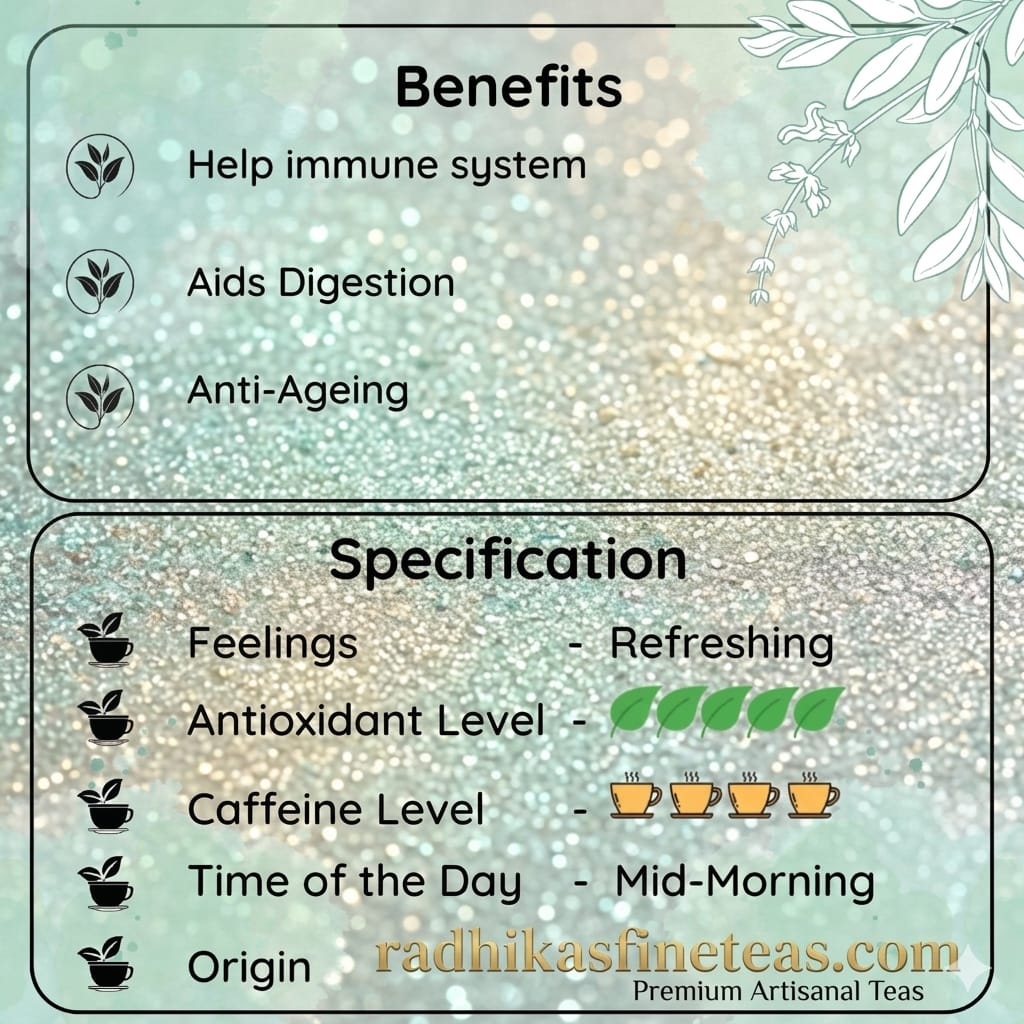 Tea packaging with benefits and specifications on a decorative background