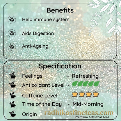 Tea packaging with benefits and specifications on a decorative background