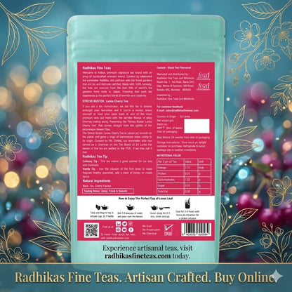 Tea package with a colorful floral design on a blue background