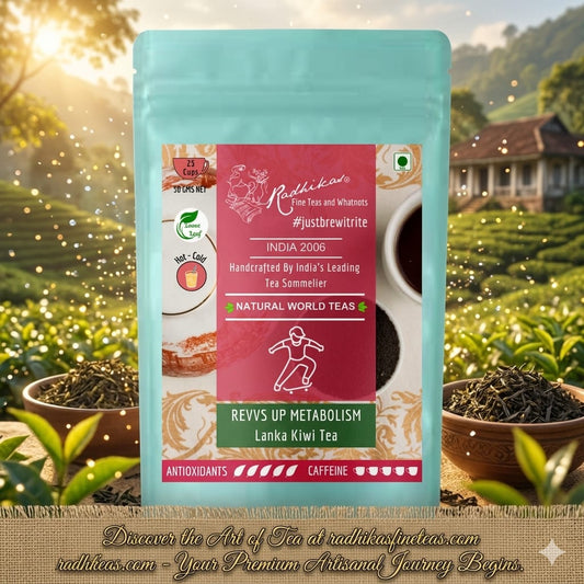Tea package with scenic background of tea fields and a house.