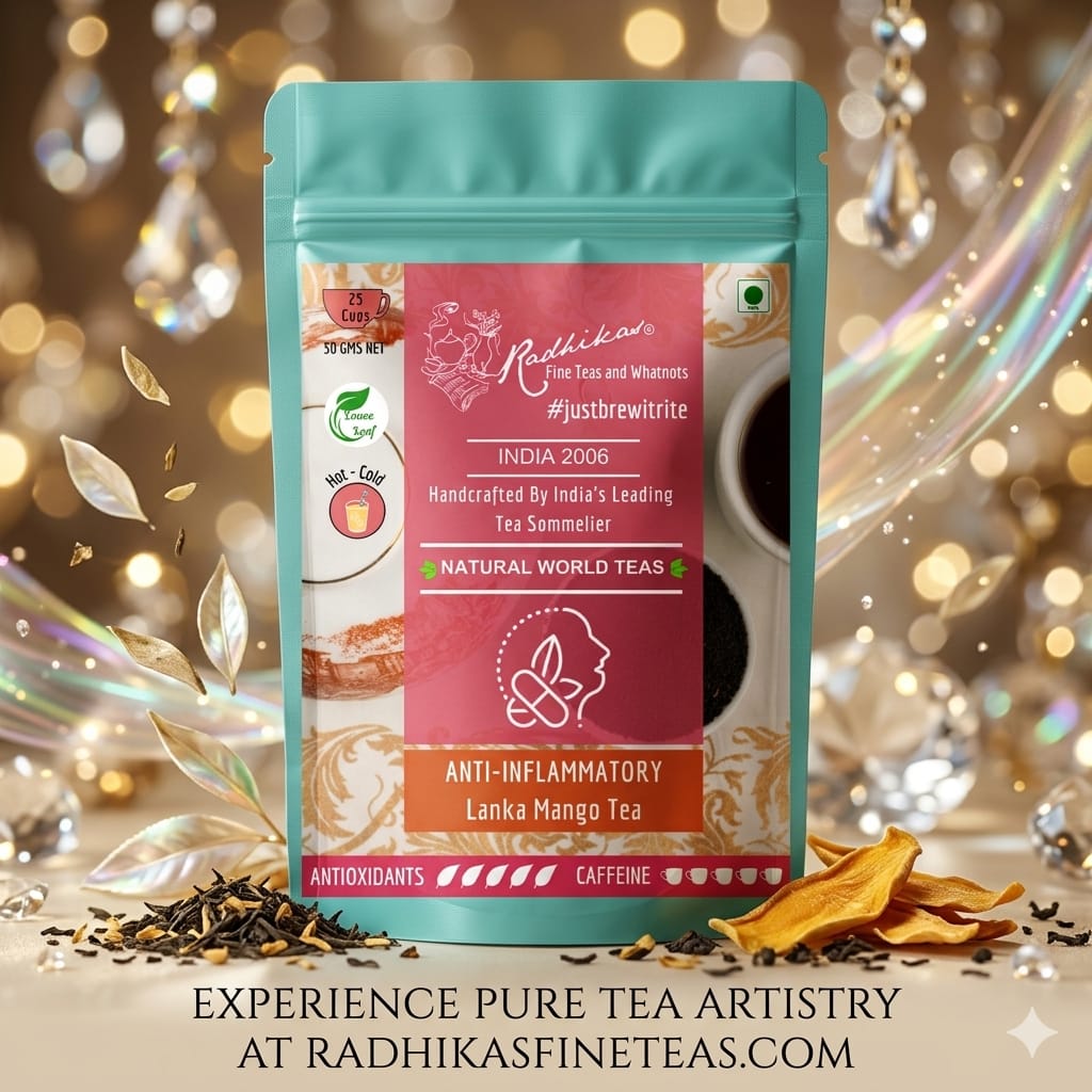 Tea package with decorative elements on a blurred background